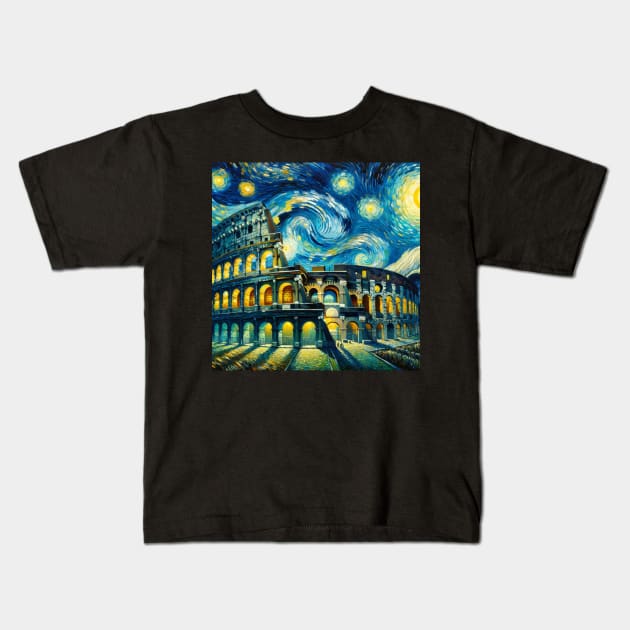 Colosseum Starry Night - Beautiful Iconic Places Kids T-Shirt by Edd Paint Something